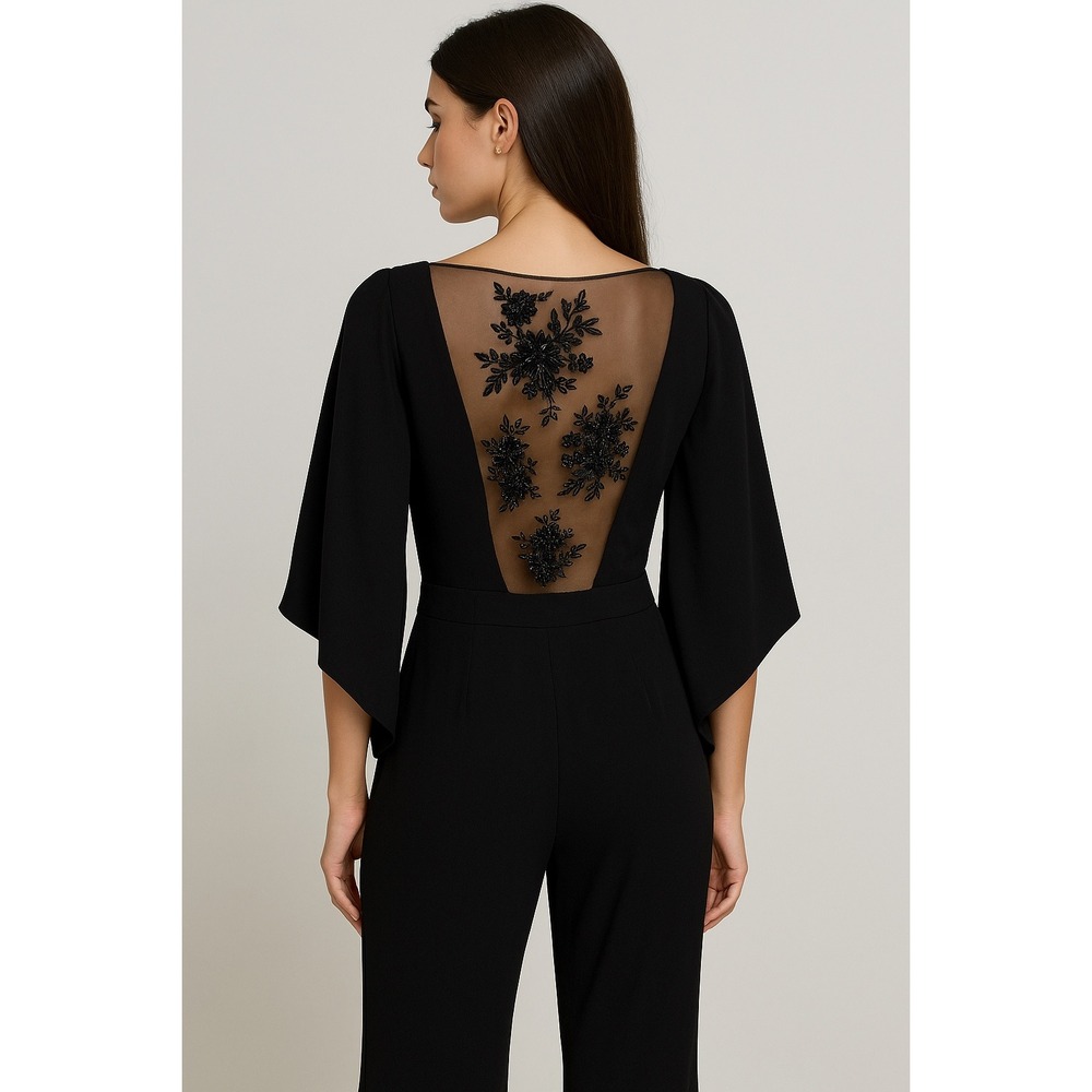 Elegant Black Jumpsuit‎ V Neck Sheer Lace Long Sleeve Wide Leg Formal Evening XS